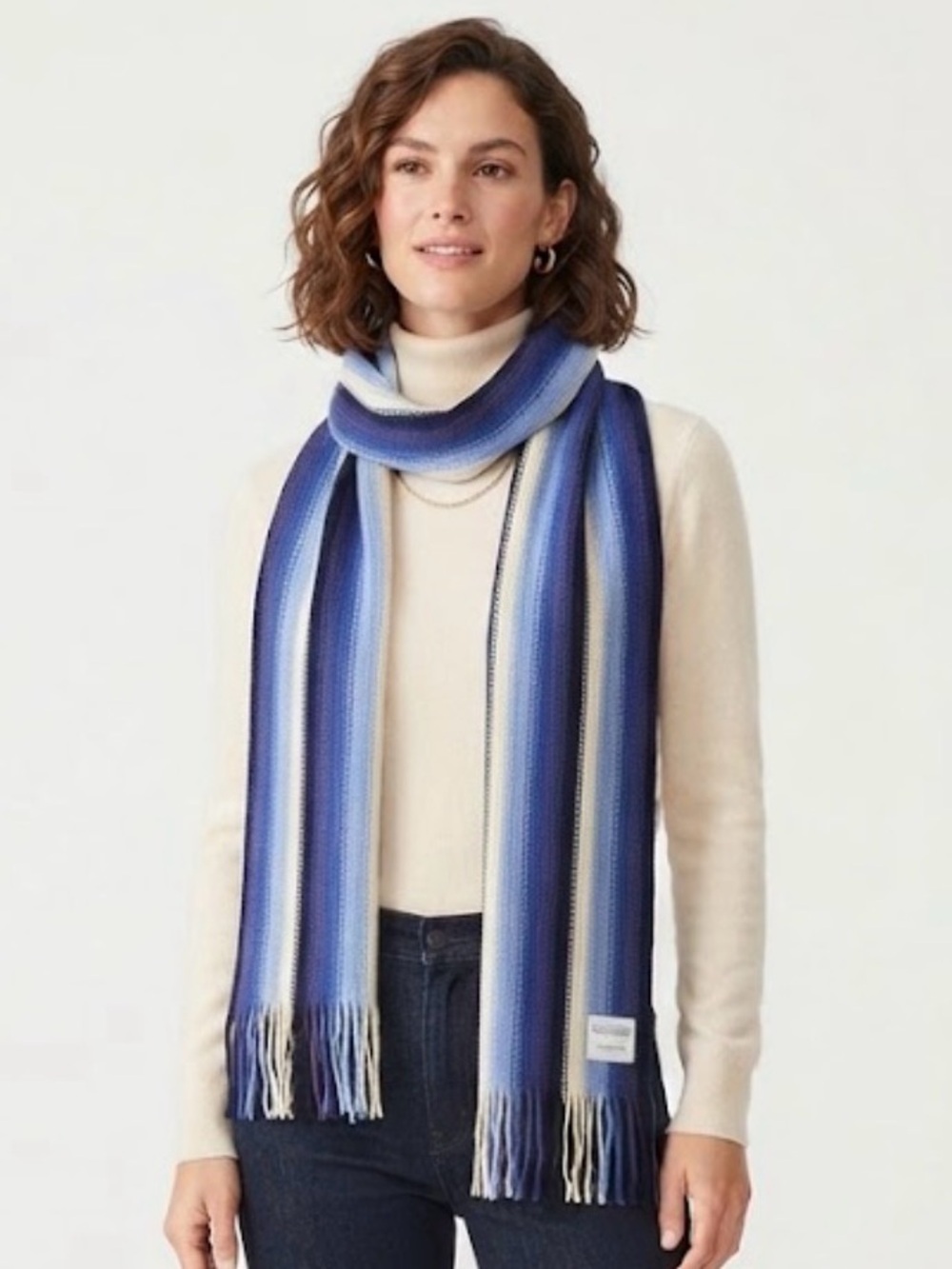 Made In Scotland 100% Geelong Super Lambswool Blue Striped Fringe Scarf